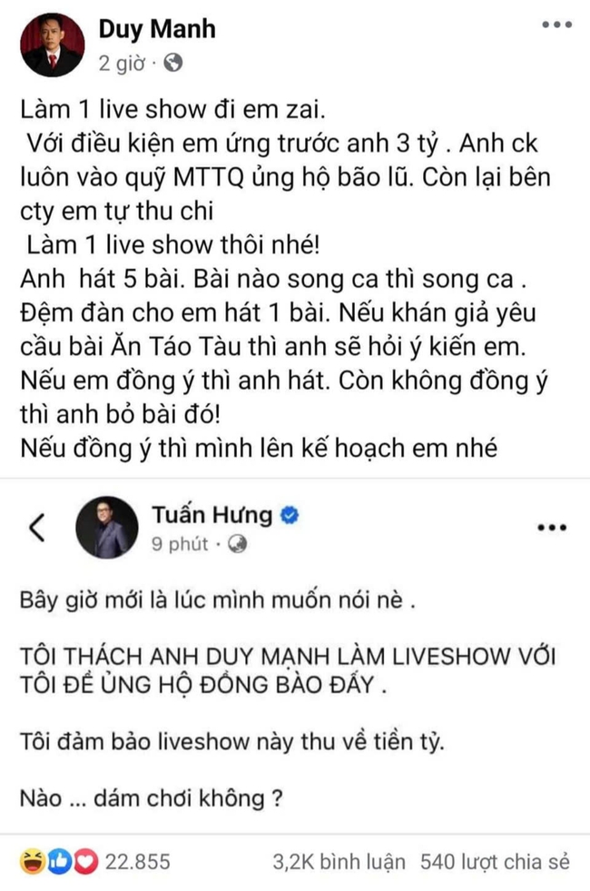 Duy Mạnh và Tuấn Hưng ra kèo làm liveshow lấy tiền ủng hộ đồng bào vùng bão lũ - Ảnh 1., 123b, trang chủ 123b